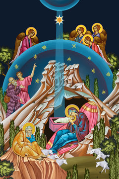 Jesus birth. Christmas religious illustration in Byzantine style