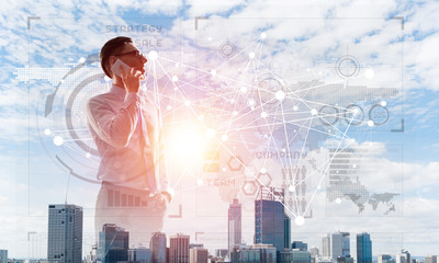 Concept of business success and control with confident boss against cityscape background