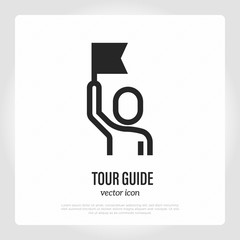 Tour guide thin line icon. Man with flag. Service for tourists. Vector illustration. - obrazy, fototapety, plakaty