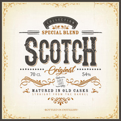 Vintage Scotch Whisky Label For Bottle/ Illustration of a vintage design elegant whisky label, with crafted letterring, specific product mentions, textures and celtic patterns, on blue and gold backgr