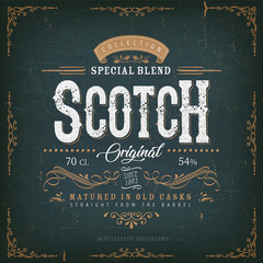 Vintage Scotch Whisky Label For Bottle/ Illustration of a vintage design elegant whisky label, with crafted letterring, specific product mentions, textures and celtic patterns, on blue and gold backgr