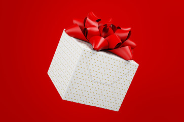 White gift box with glittering red bow and crossing ribbons isolated on a background. Decoration element for design. Square box with ornament. 3D illustration. 