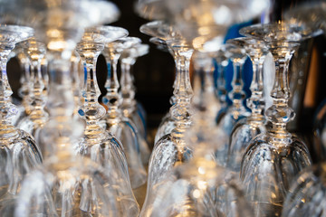 Crystal glass goblet upside down, a lot of