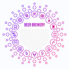 Beer brewery concept in circle shape with thin line icons: manufacturing, craft, tap, mug, tulip pint, wheat, hop, bottle opener, barrel. Vector illustration for bar or restaurant.