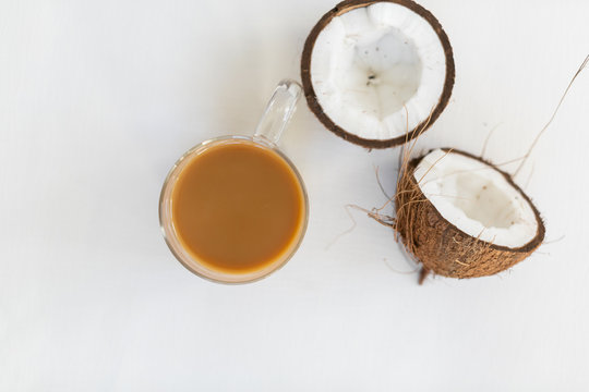 Coffee In Clear Glass Mug With Coconut Creamer