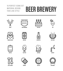 Beer brewery thin line icons set: manufacturing, craft, tap, mug, tulip pint, wheat, hop, bottle opener, barrel. Vector illustration for bar or restaurant.