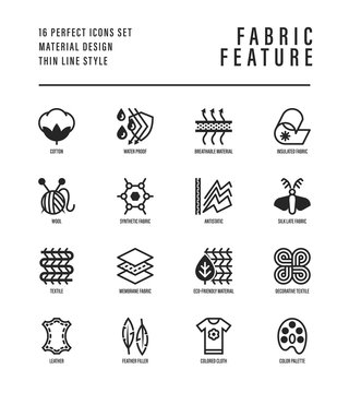 Fabric feature thin line icons set. Symbols of wool, synthetic, silk, antistatic, waterproof, leather, feather filler, eco-friendly, breatheable material. Vector illustration.