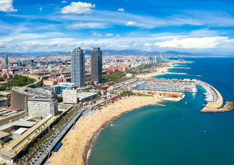 Barcelona Spain aerial panorama Somorrostro beach, top view central district cityscape outdoor - obrazy, fototapety, plakaty