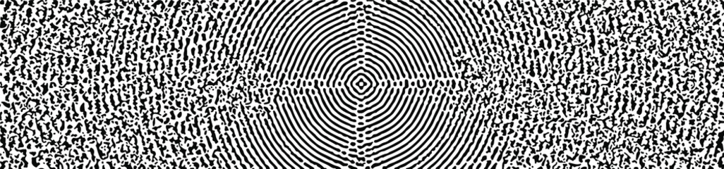 Distressed background texture with concentric circles, spots, scratches and lines, abstract vector illustration in black and white