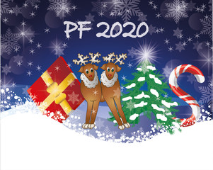 PF 2020 New Year's card with reindeers and red gift box with gold ribbon and christmas tree and christmas candy on dark blue backround with snowflakes