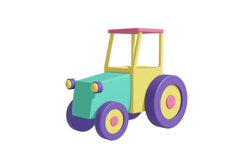 Tractor with wheels cartoon style realistic design pastel green, coral, yellow, violet color. Kids toy isolated white background. Minimalistic transport concept. 3D rendering.