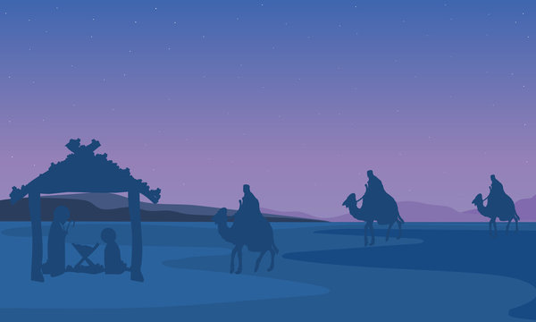 Landscape of the three kings jesus mary and joseph, vector art illustration.