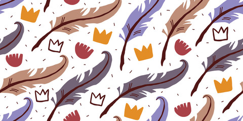 seamless pattern with feathers,  flowers, crowns