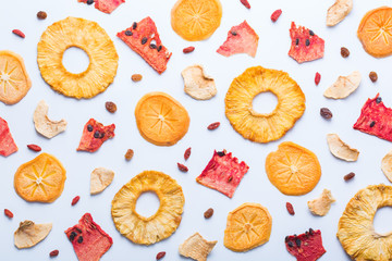 Dried fruits, dehydrated persimmon, watermelon, pineapple, apple chips