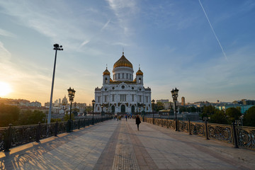 The Russian Orthodox Cathedral of Christ the Saviour the in Moscow, Russia, viewed from the bridge over the Moskva River, a few hundred metres southwest of the Kremlin.