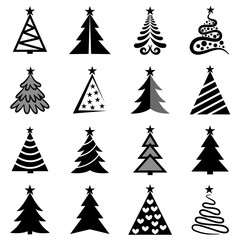Collection set icons Christmas trees isolated on transparent background, Vector illustration, Festive Holiday, posters, cards or for web.