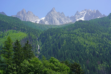 Fototapeta na wymiar Summer landscape view of mountains and glaciers the Massif du Mont Blanc near Chamonix, France