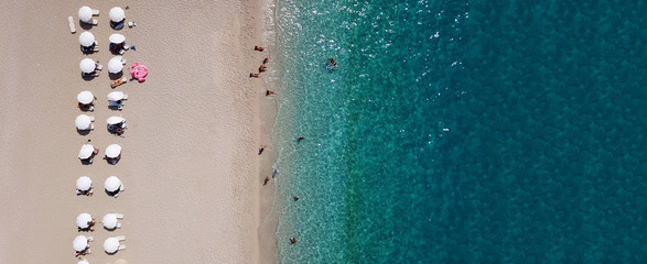 Aerial top view photo of popular tropical paradise deep turquoise rocky seascape in Kathisma beach, Lefkada island, Ionian, Greece