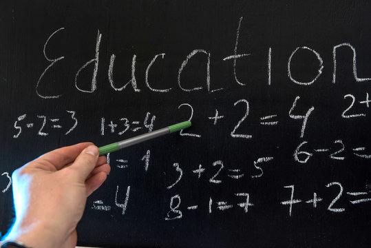 Teacher writing various primary school maths formula on chalkboard.