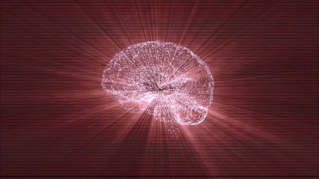 Digital brain made of beaming particles floating in black space and illuminating with red lightrays.