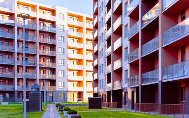 Apartment residential houses facade architecture with outdoor facilities reflex