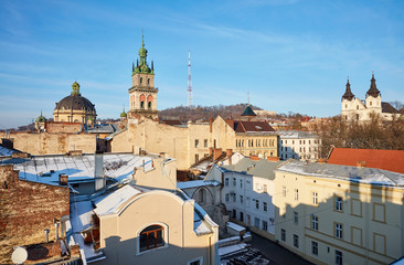 Panorama of snow-covered roofs Lviv ,Ukraine