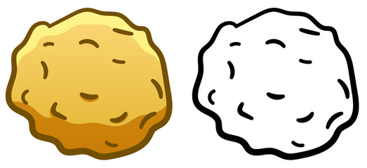 Round candy in golden foil wrapper in colored and line versions on white background
