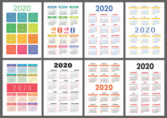 Calendar 2020 year. Vector template collection. Colorful English pocket calender set. Week starts on Sunday
