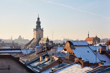 Panorama of snow-covered roofs of houses Lviv ,Ukraine