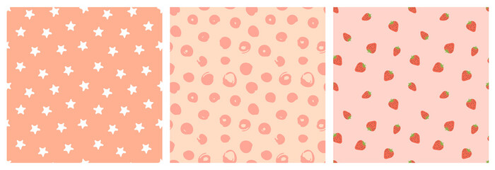 Kid's seamless pattern. Smiling strawberry. Abstract background. Stars. Exotic fruit fashion print. Design elements for baby textile or clothes. Hand drawn doodle repeating delicacies. 