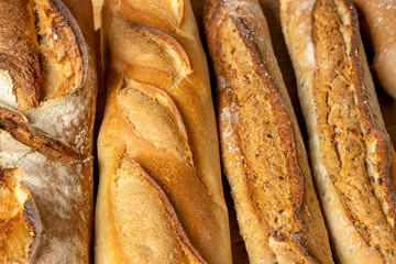 French baguettes. Fresh crisp bread. Bread background.