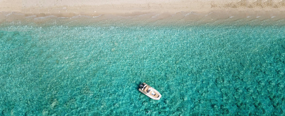 Aerial drone photo of tropical exotic destination island in Thailand with deep blue turquoise sea and beautiful landscape