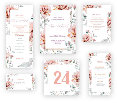 Botanical wedding invitation card template design, pink rose flowers and leaves on pink background, vintage style. Wedding invitation templates. Banners decoration, romantic watercolor objects