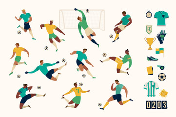 Football soccer player set of isolated characters and modern set of soccer and football icons. Vector illustration.