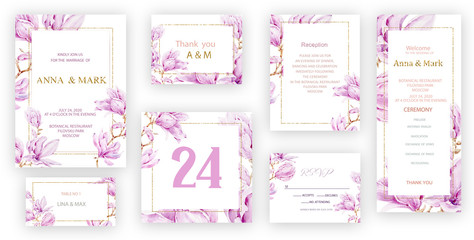 Botanical wedding invitation card template design, pink rose flowers and leaves on pink background, vintage style. Wedding invitation templates. Banners decoration, romantic watercolor objects