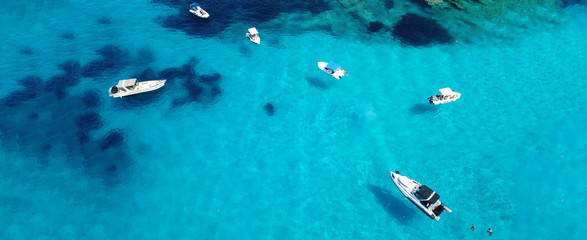 Aerial drone ultra wide panoramic photo of tropical exotic seascape in Mediterranean Greek Ionian island of Paxos with turquoise sea