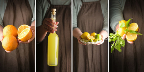 Woman holding a dish of lemon and lime and a bottle of homemade drink. Rustic style. Collage of...