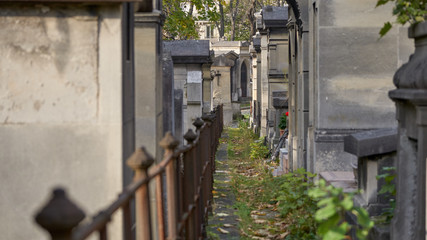 Graves and crypts in the Pere Lachaise Cemetery in Paris, France.