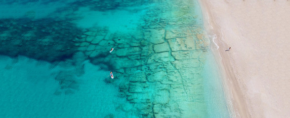 Fototapeta na wymiar Aerial drone ultra wide panoramic photo of tropical exotic seascape in Mediterranean Greek Ionian island of Lefkada with turquoise sea