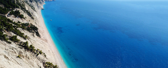Aerial drone ultra wide panoramic photo of tropical exotic seascape in Mediterranean Greek Ionian island of Lefkada with turquoise sea