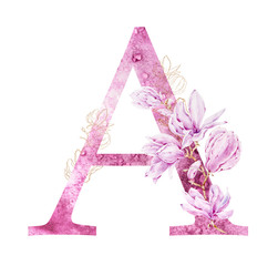 Watercolor pink and gold magnolia flowers inscribed in the letter "A" of the English alphabet. Illustration can be used for logo, blog design, wedding decoration, greeting card, magazin design