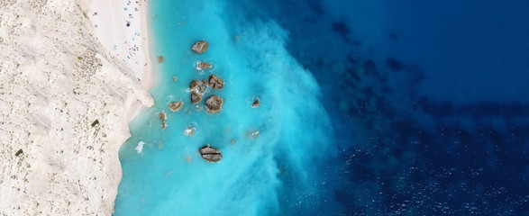 Aerial drone ultra wide panoramic photo of tropical exotic seascape in Indian ocean island with turquoise beautiful sea