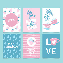Set of 6 vector Valentine's inspired greeting cards with hearts, simple flat style. Perfect for gift tags, poster