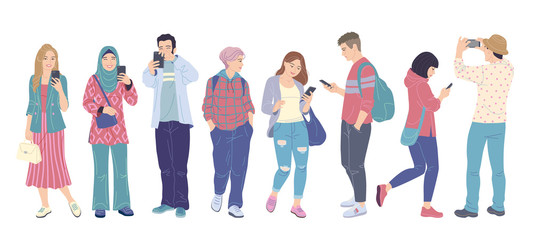 Men and Women with Smartphones  Flat Illustration
