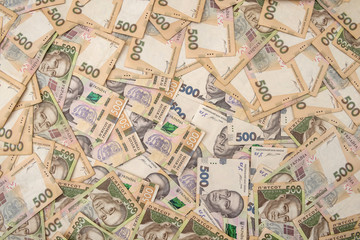 Ukrainian Money backgrounds.   500  banknotes. Hryvnia (UAH). Top view