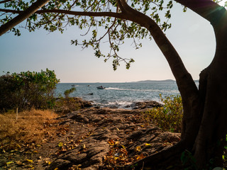 Fototapeta premium Afternoon sea view, rocks, boat in the island 