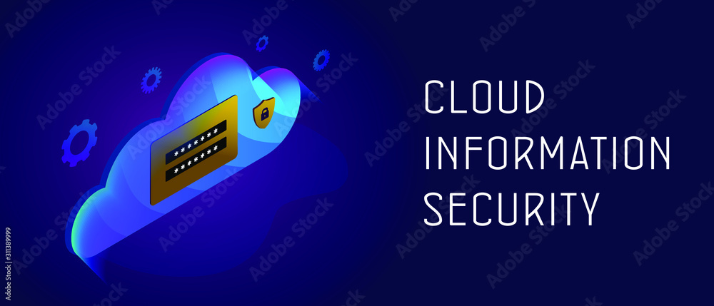 Poster cloud information security concept. backup data storage on web hosting or cloud technology service w