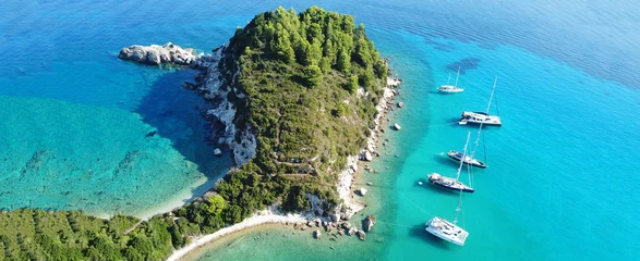 Foto op Canvas Aerial drone ultra wide panoramic photo of tropical exotic seascape in Mediterranean Greek Ionian island of Paxos with turquoise sea © aerial-drone
