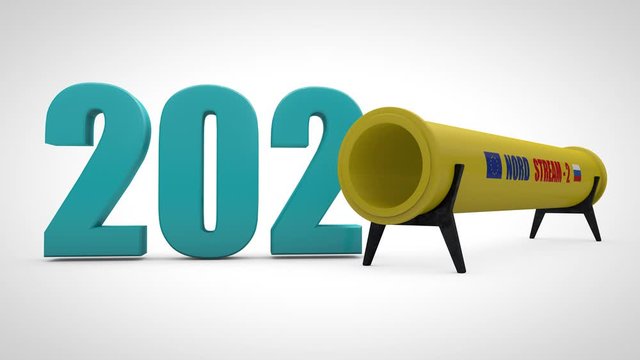 3D animation of the appearance of the pipe with the text Nord stream 2 and the date of 2020 new year. The idea of the timing of commissioning of the new gas pipeline in 2020.