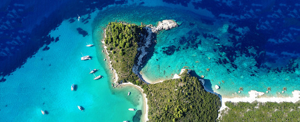 Aerial drone ultra wide panoramic photo of tropical exotic seascape in Mediterranean Greek Ionian...
